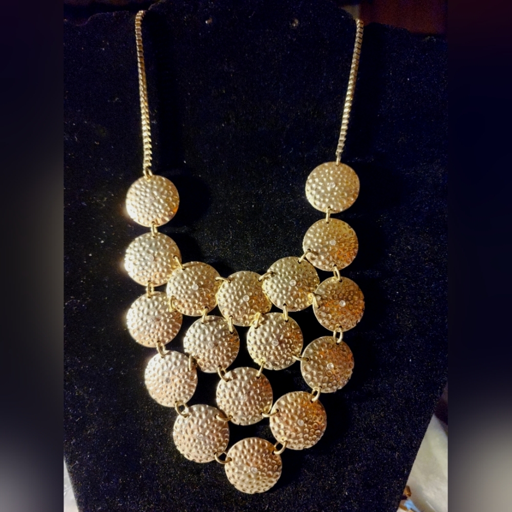 Hammered Gold Tone Disc Bib Statement Necklace